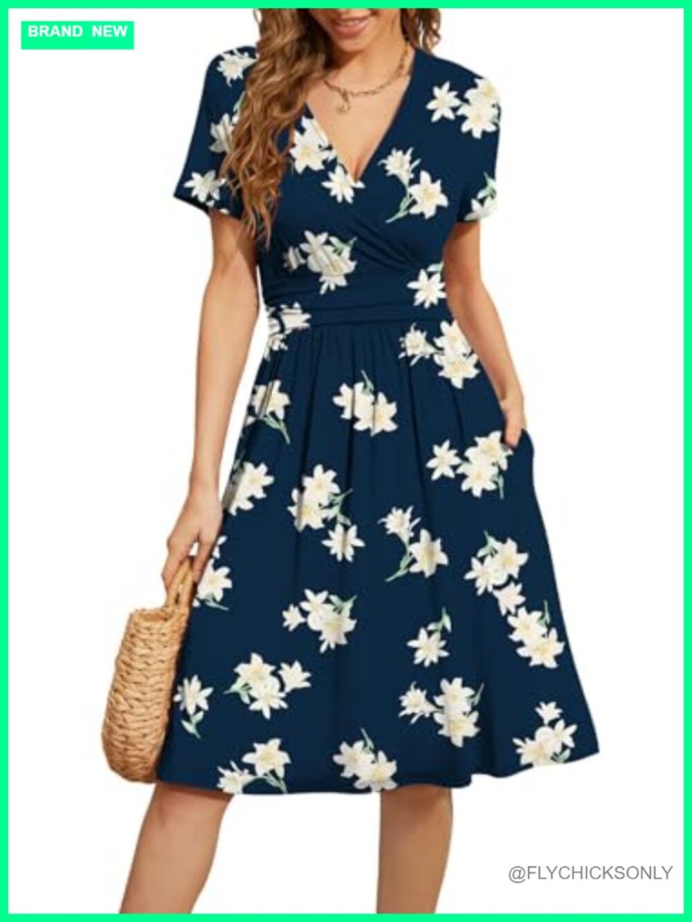 Women's V-Neck Floral A-Line Short Sleeve Dress with Pockets